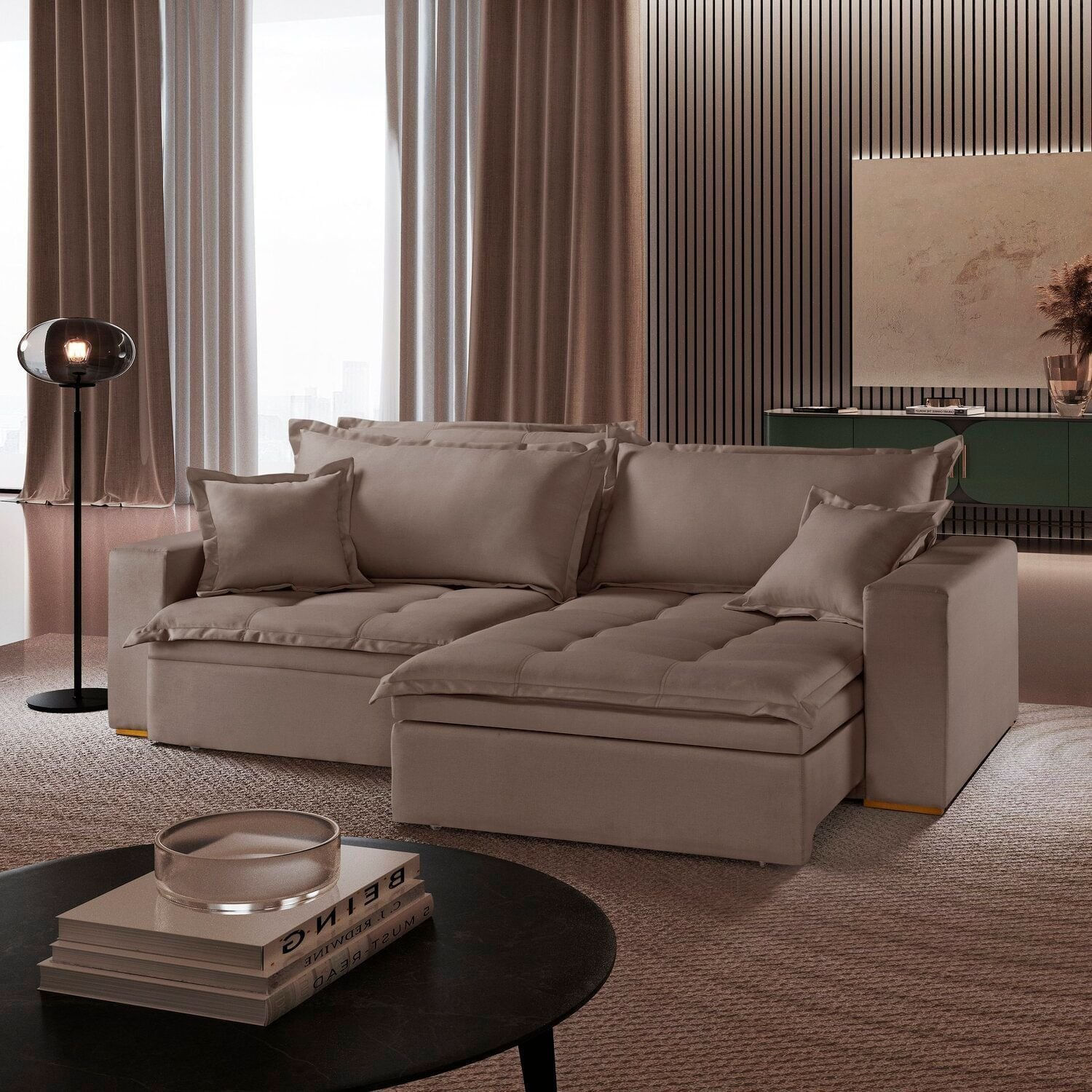 Sofá Retrátil Com Baú Ref 47 - 2500-b Messina Marrom Claro Avelã