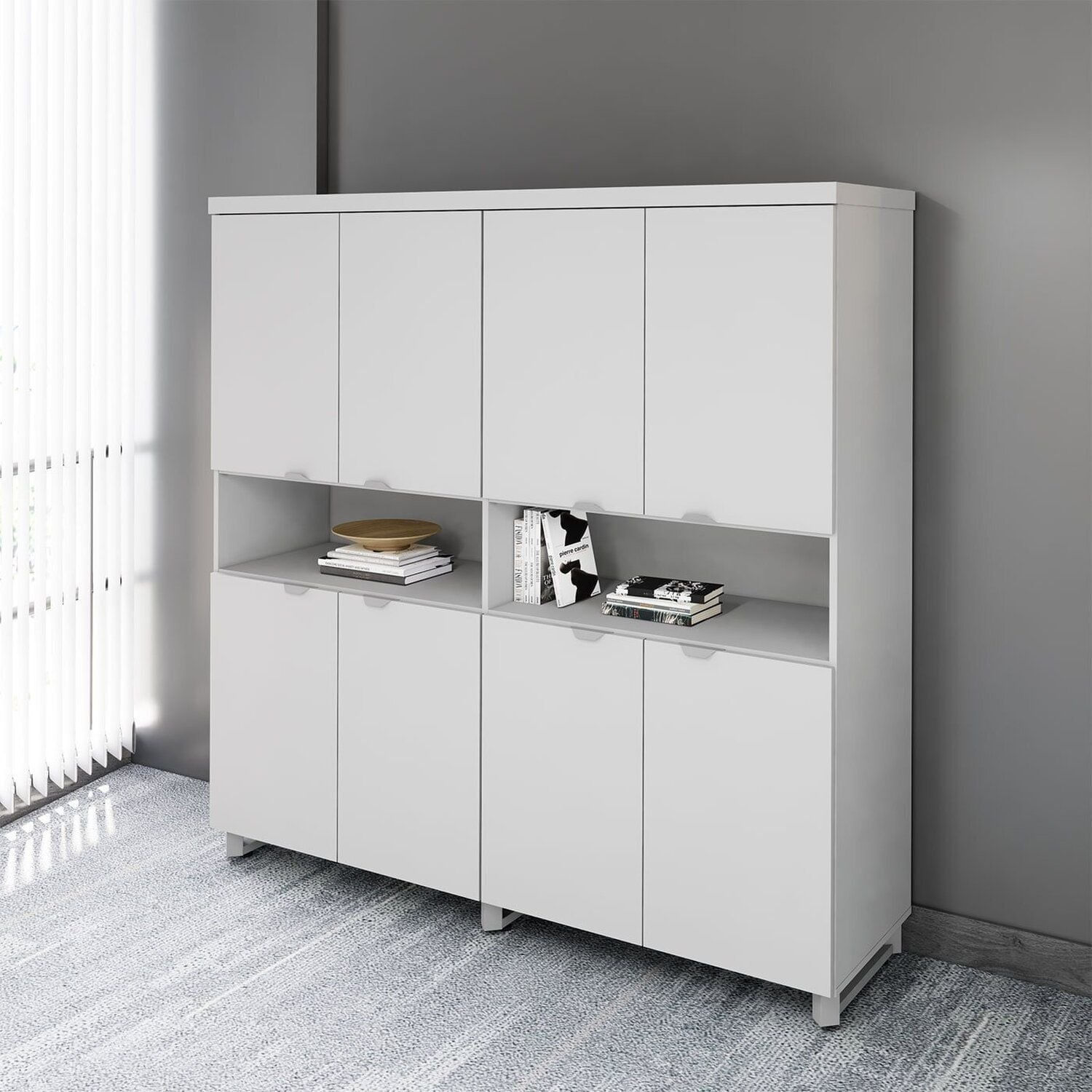 Armário Estante Para Escritório Com 8 Portas De Abrir E 2 Nichos F5 Office Cinza