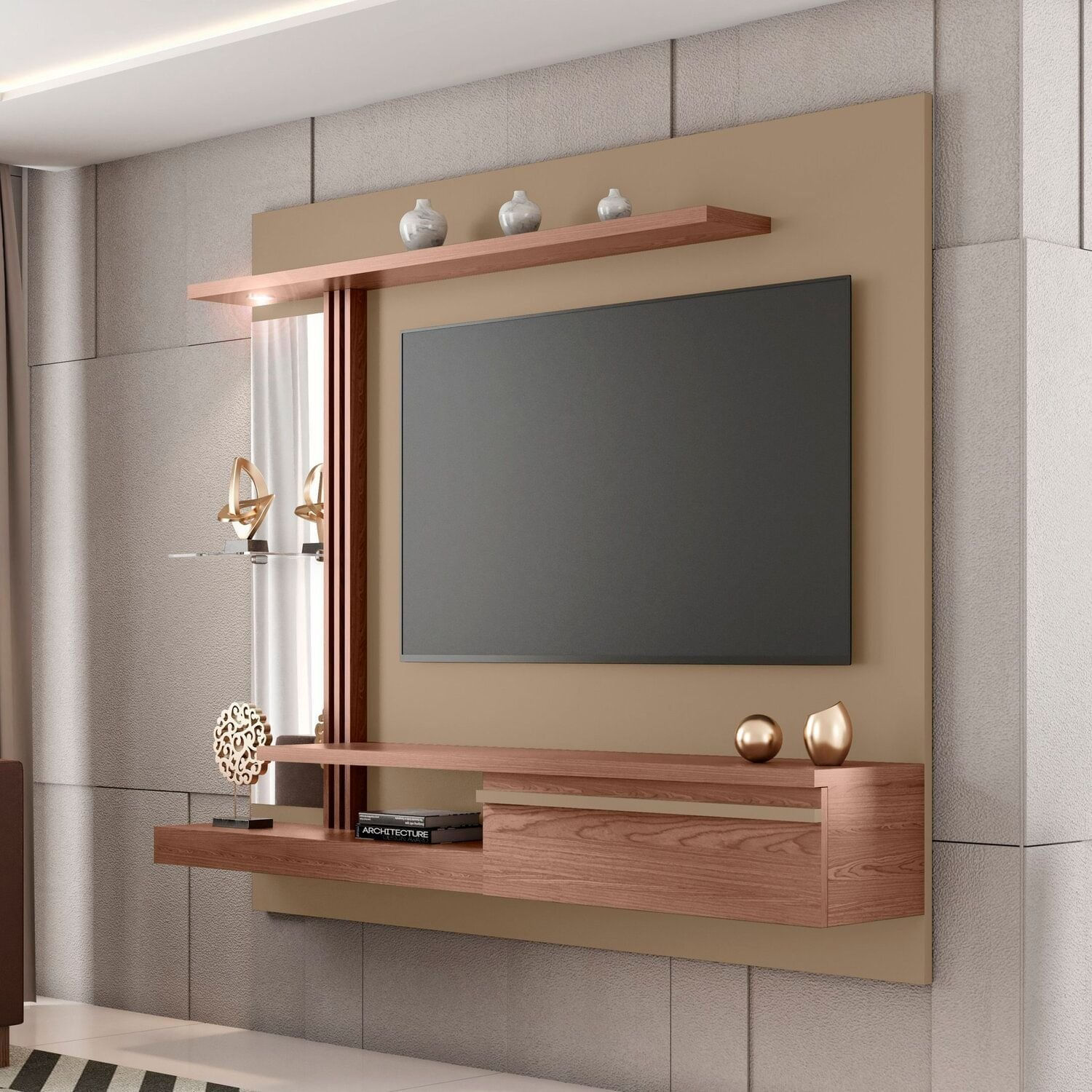 Painel Para Tv 55 Polegadas Led Prateleira De Vidro Denver Fendi/freijó