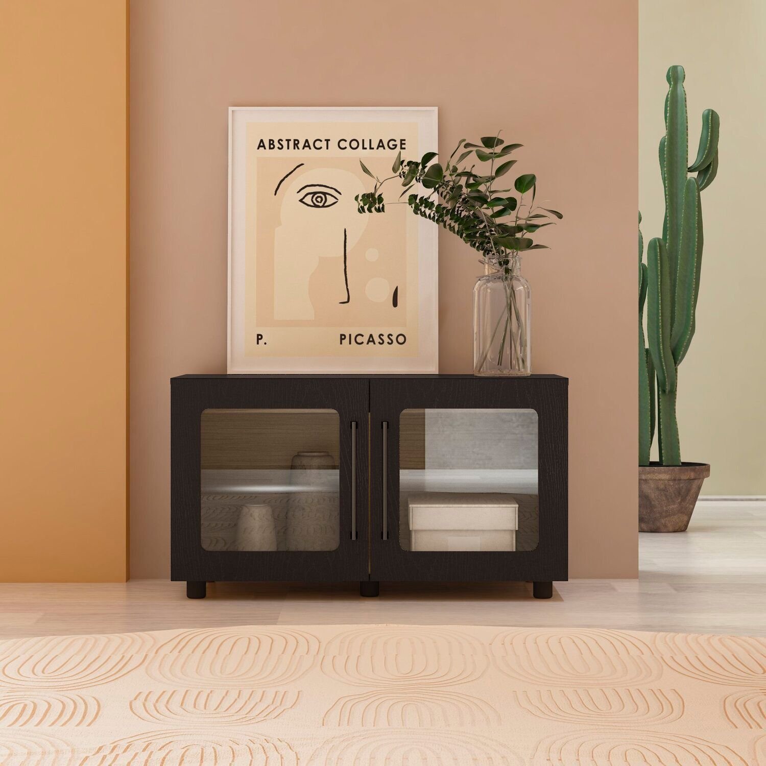 Armário Multiuso 2 Postas De Vidro 100% Mdf Yescasa Preto / Riviera