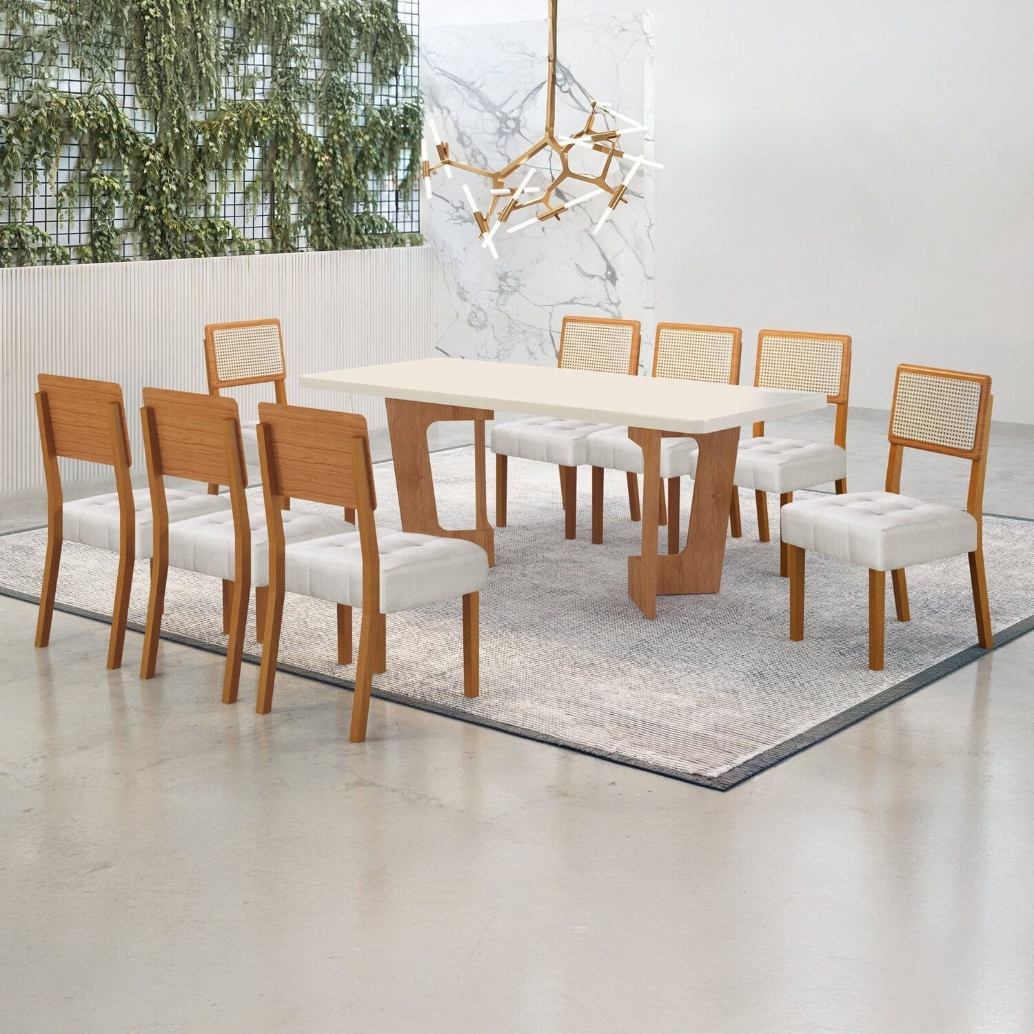 Conjunto Sala De Jantar Mesa 180cm Com 8 Cadeiras Liz Off White/cinamomo