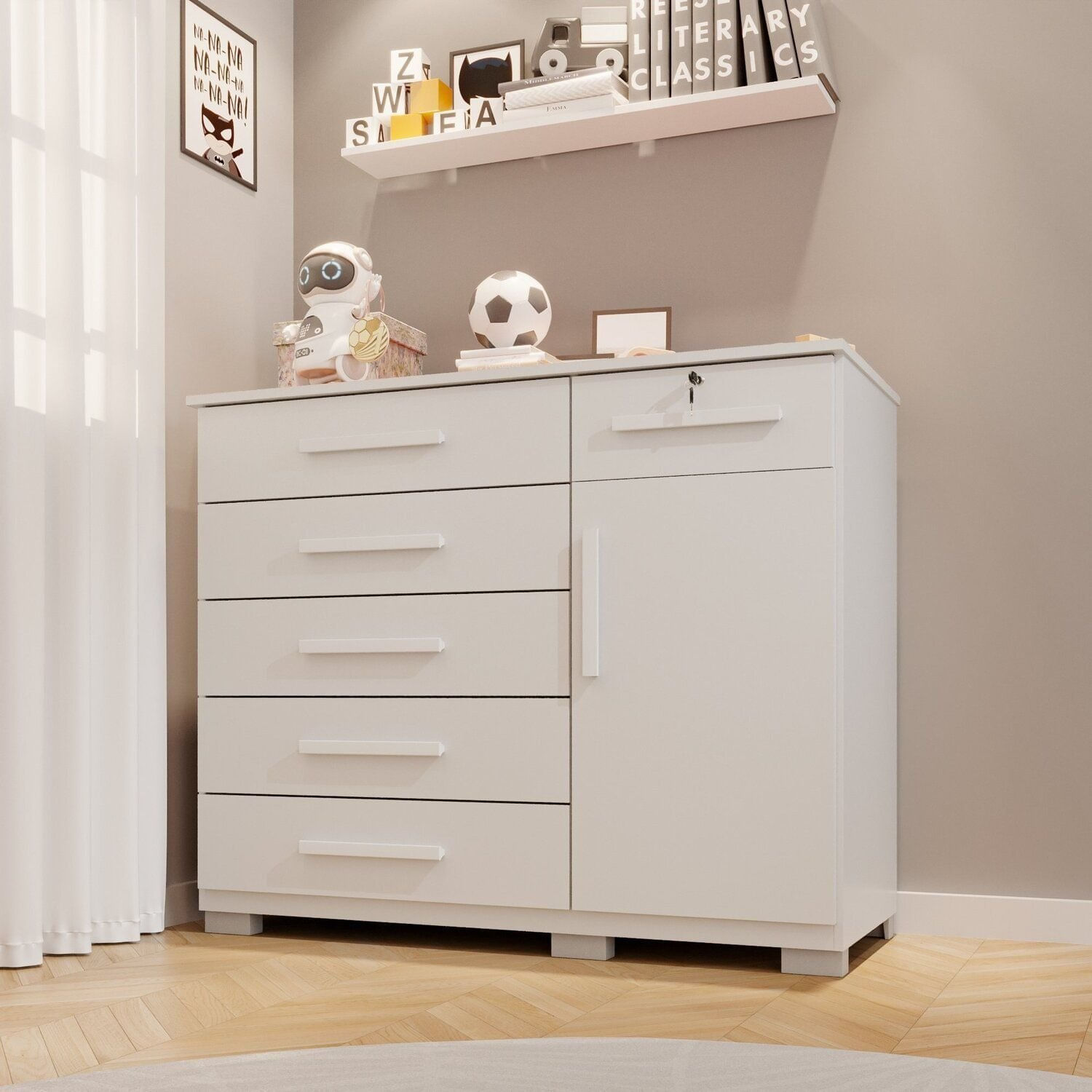 Cômoda Infantil 6 Gavetas 1 Porta Sofia Espresso Móveis Branco