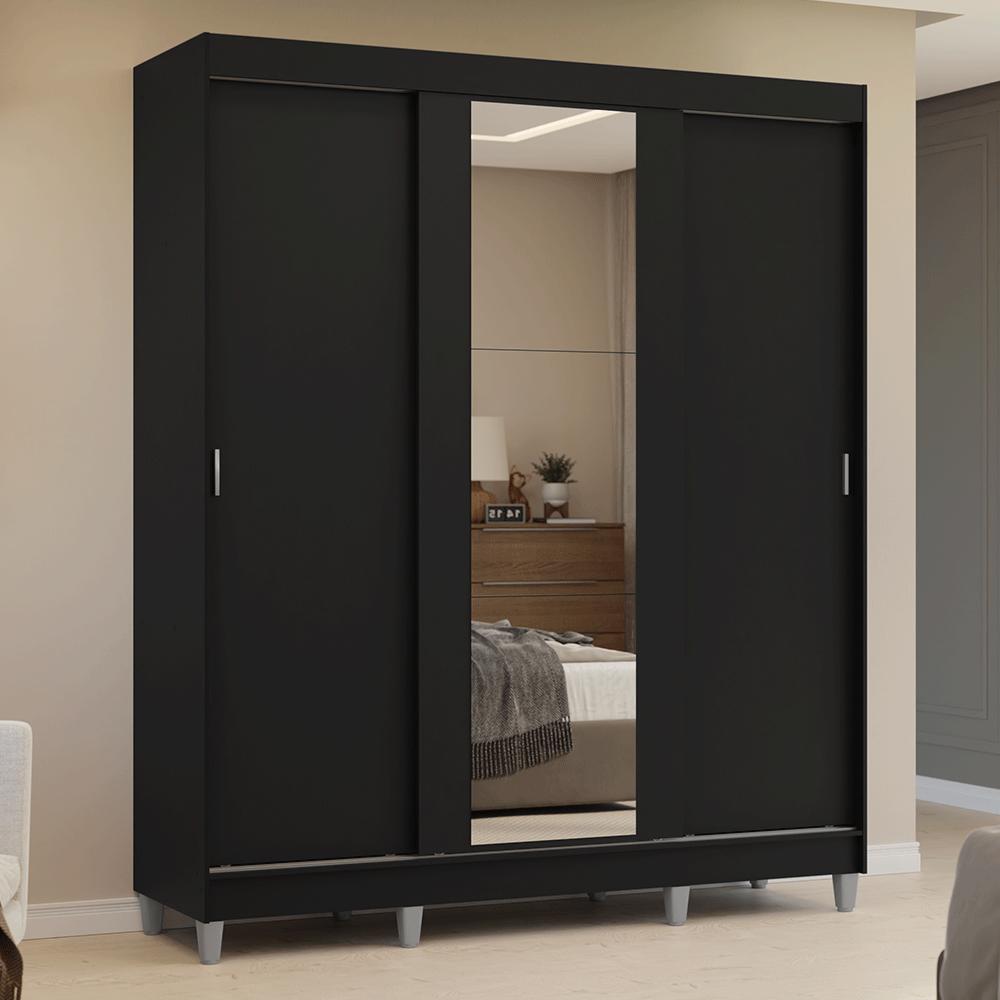 Guarda-roupa Casal Com Pés 3 Portas De Correr Com Espelho Preto Reno Madesa