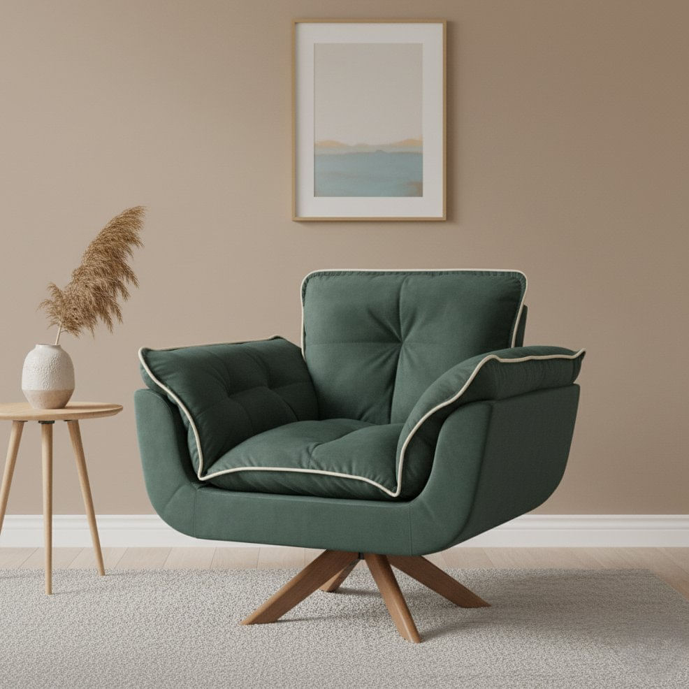 Poltrona Opalla Com Debrum Marfim E Base Giratória Verde/marfim