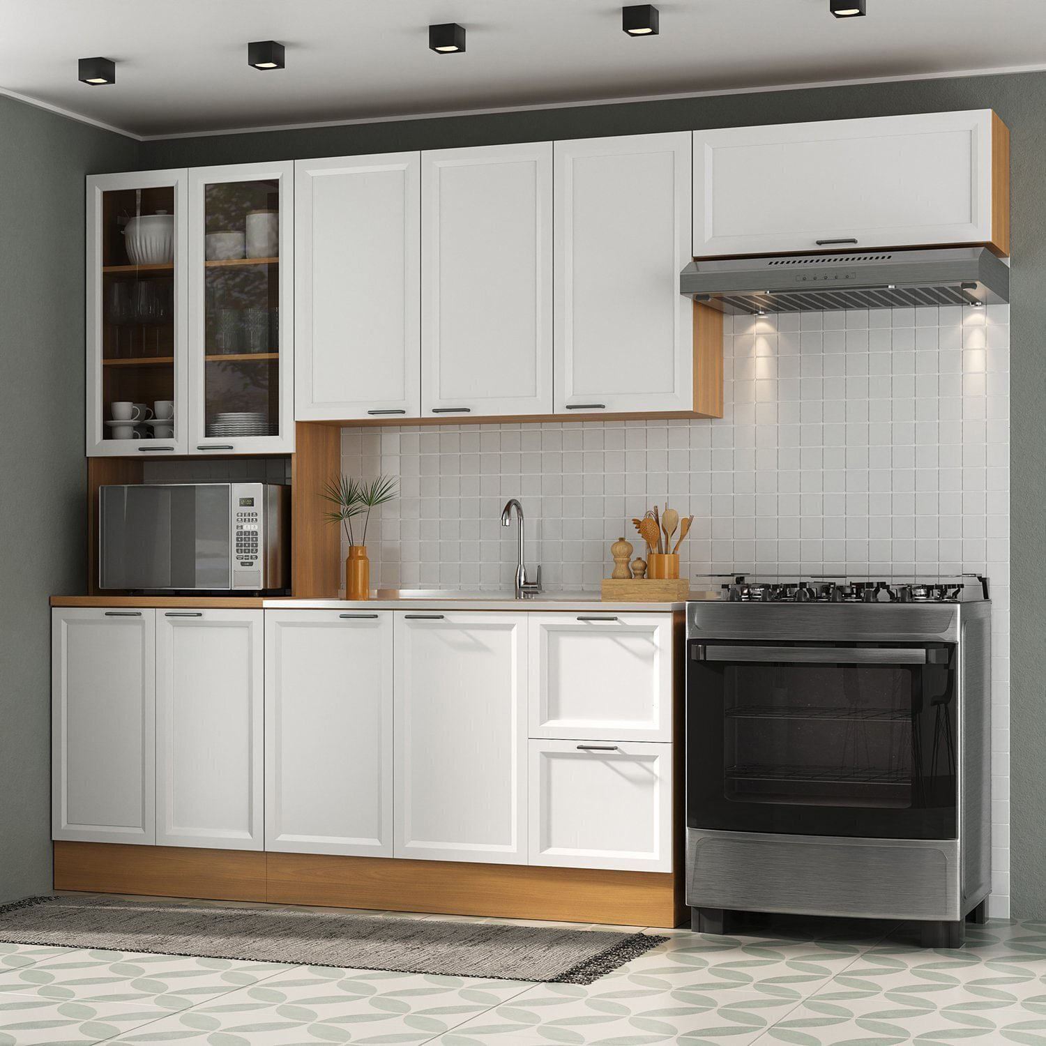 Cozinha Compacta 4 Peças 1 Paneleiro Duplo 2 Aéreos 1 Balcão Soho Cabecasa Madeiramadeira Freijó/branco