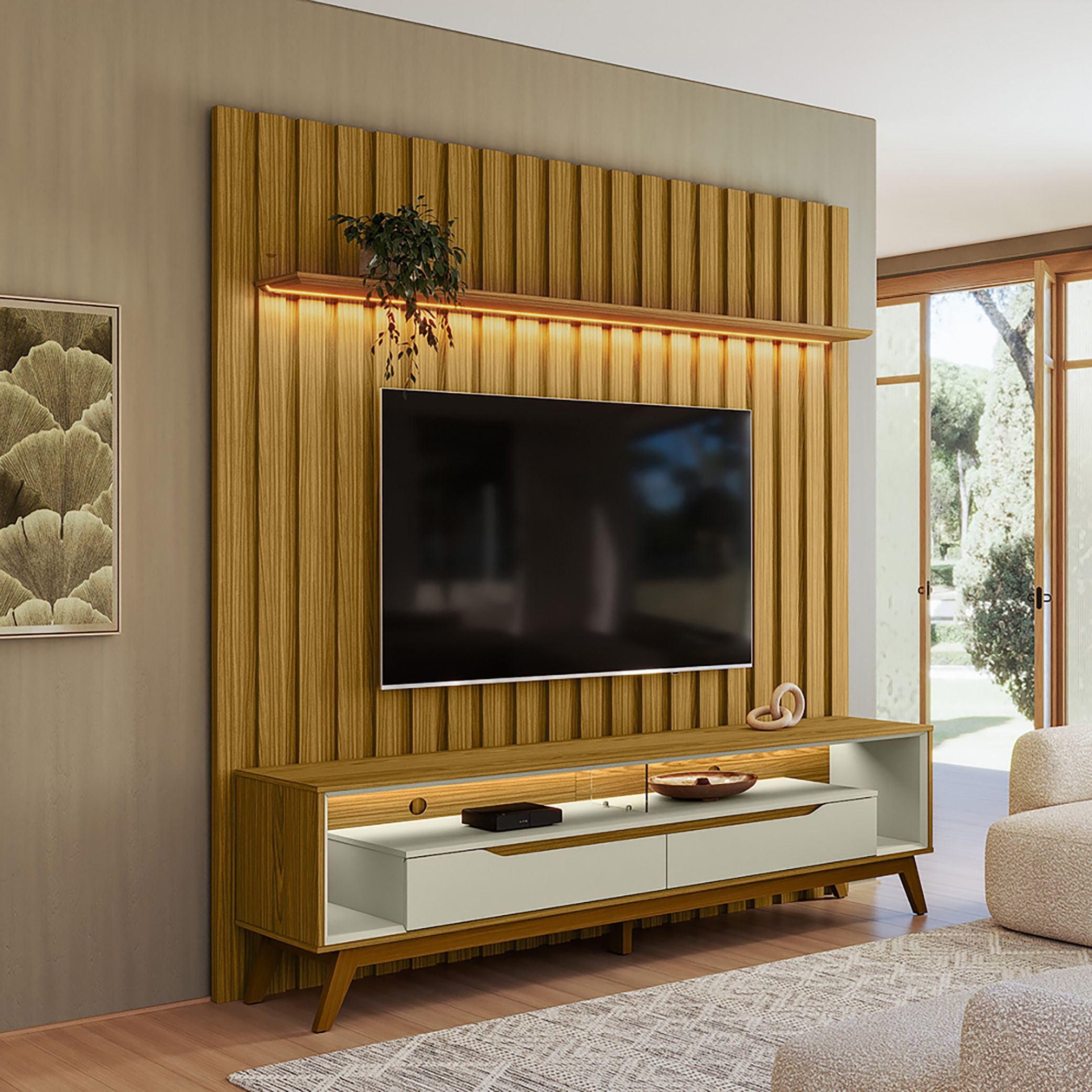 Rack Duo Pés Madeira E Painel Ripado Com Led London 177cm Tv 70 Pol Olivar Móveis Cedro/freijó/off White