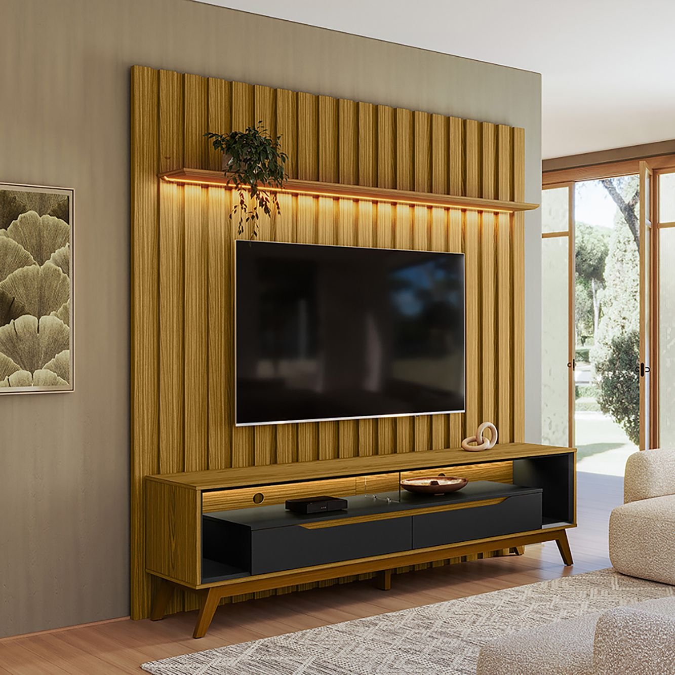 Rack Duo Pés Madeira E Painel Ripado Com Led London 177cm Tv 70 Pol Olivar Móveis Cedro/freijó/preto