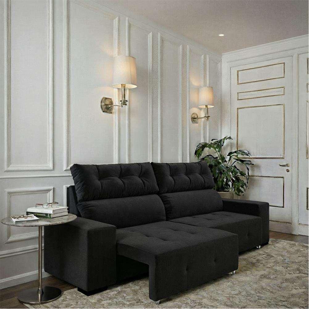 Sofá 4 Lugares Reclinável Sala De Estar 2,30m Velut Haven - Veludo Preto