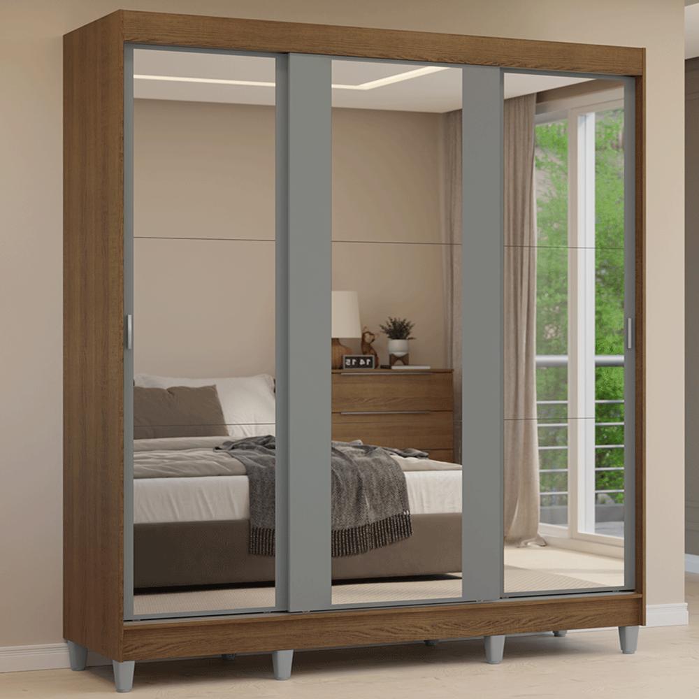 Guarda-roupa Casal Com Pés 3 Portas De Correr De Espelho Rustic/cinza Reno Madesa