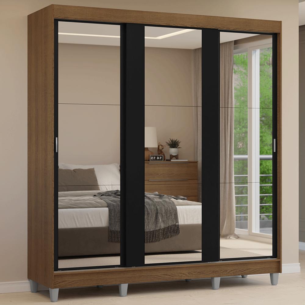 Guarda-roupa Casal Com Pés 3 Portas De Correr De Espelho Rustic/preto Reno Madesa