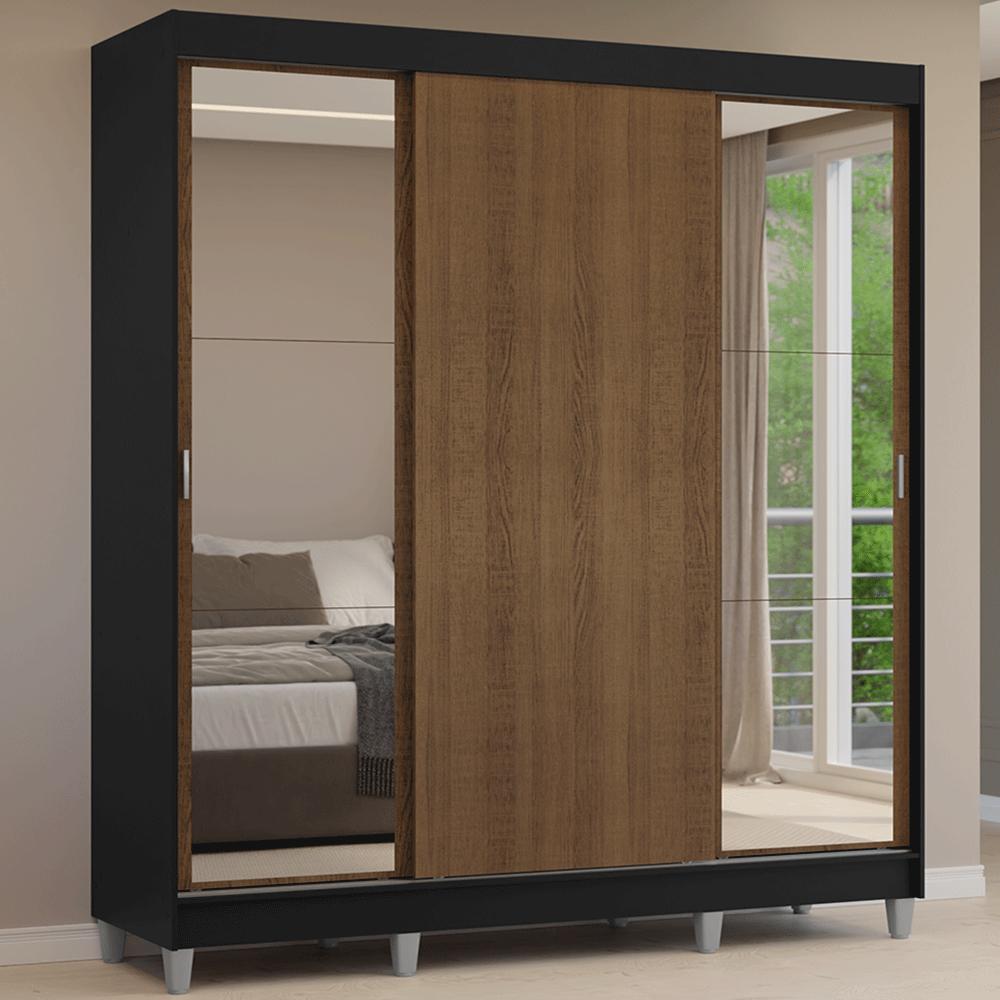 Guarda-roupa Casal Com Pés 3 Portas De Correr Com Espelhos Preto/rustic Reno Madesa