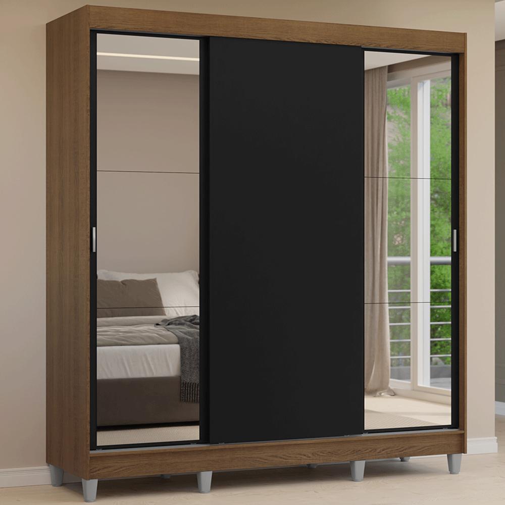 Guarda-roupa Casal Com Pés 3 Portas De Correr Com Espelhos Rustic/preto Reno Madesa