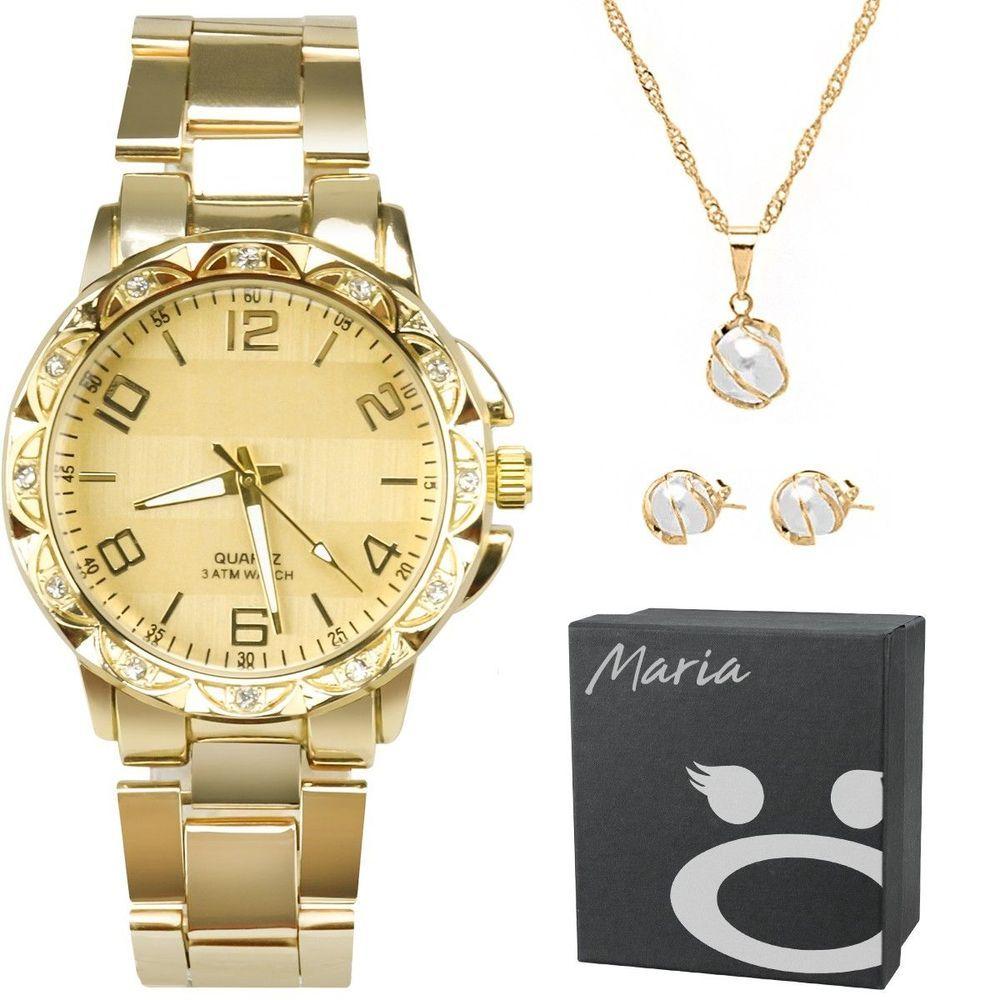 Relógio Feminino Dourado Aço Strass + Brincos Colar + Caixa Ouro Casual Social Presente Prova Dagua
