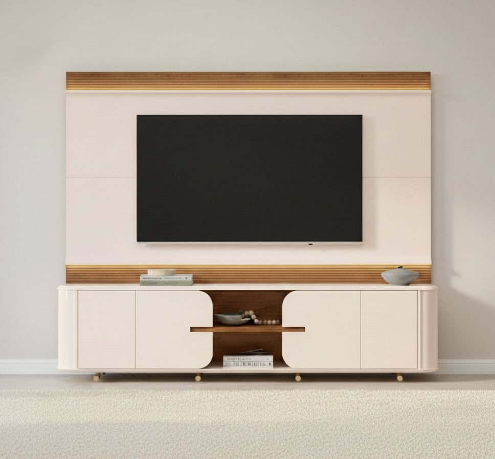 Estante Para Tv Até 75 Polegadas 200cmx240cm Ripado 100% Mdf Com Led Lord Off White/freijó