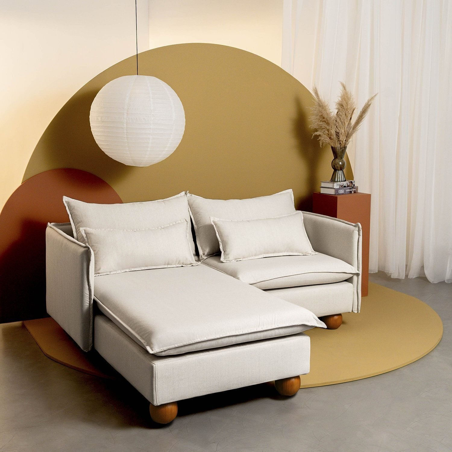 Sofá Modular 2 Lugares Com Chaise E Pé Bolinha Sôma Cabecasa Madeiraoriginals Natural