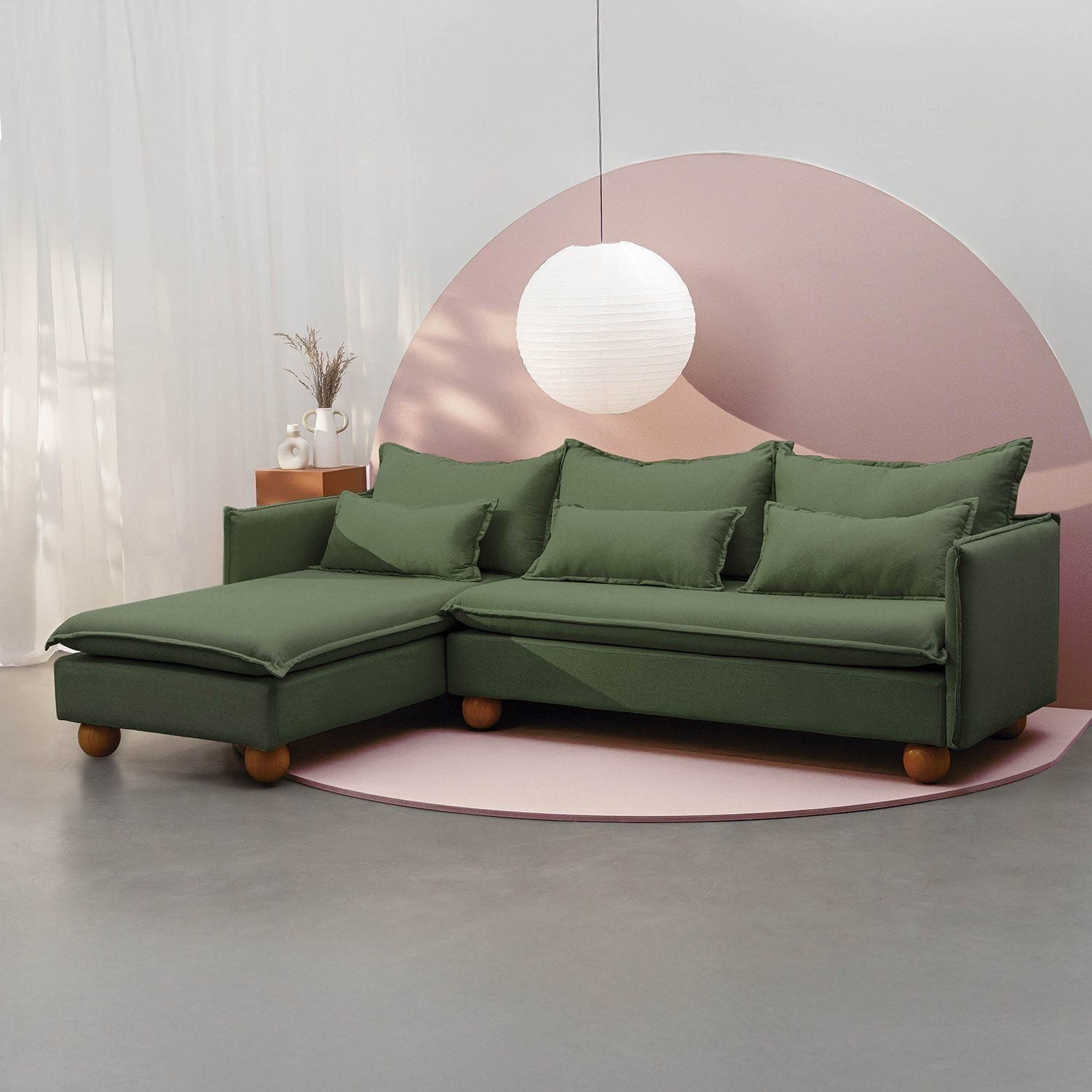 Sofá Modular 3 Lugares Com Chaise E Pé Bolinha Sôma Cabecasa Madeiraoriginals Verde