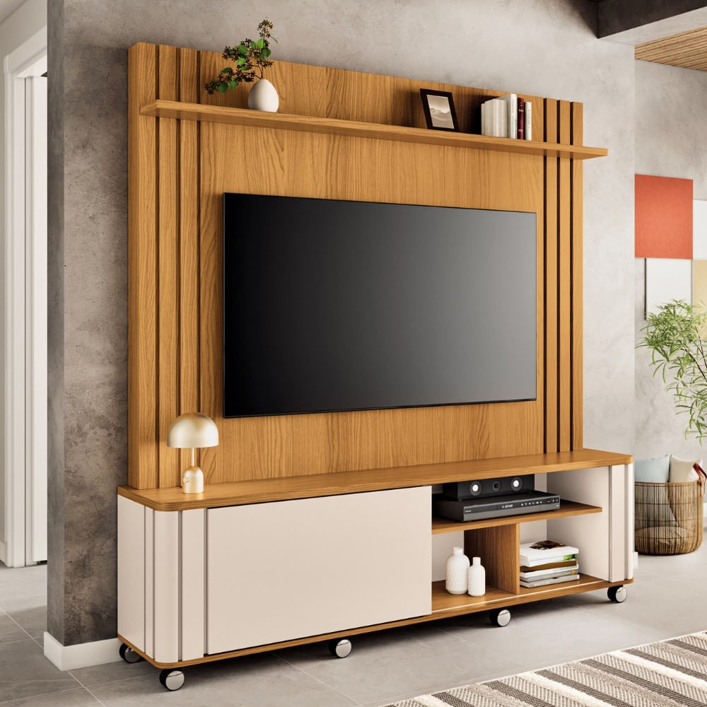 Estante Home Ripada Para Tv Até 70 Polegadas 1 Porta De Correr Com Rodízios Trinus Hb Móveis