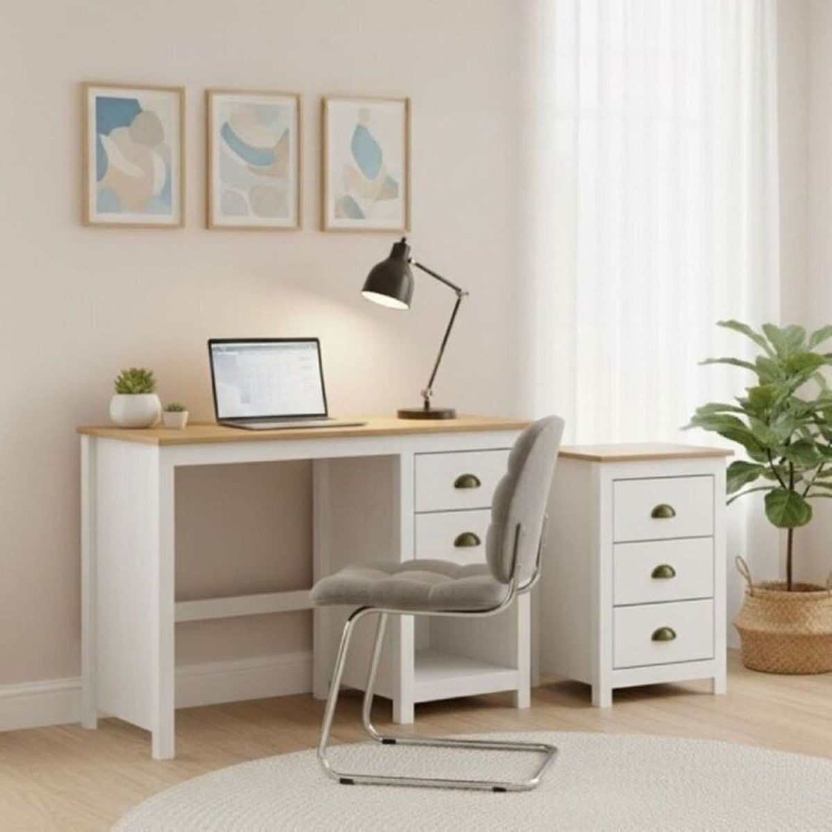 Conjunto Para Escritório Escrivaninha + Gaveteiro 100% Madeira Maciça - Topázio Finestra Móveis Branco/freijó