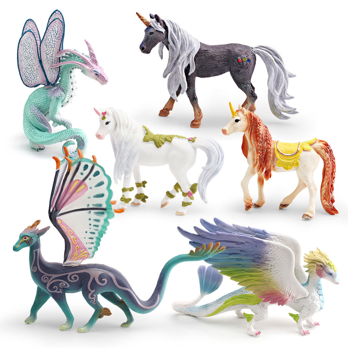 Conjunto De Bonecos Fantasy Mythical Creature, 6 Peças — Pvc, Unicórnio, Dragão