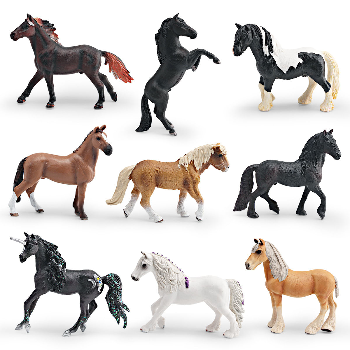 Conjunto De Estatuetas Realistic Horse, 9 Peças, Pvc, Wild Friesian, Perú