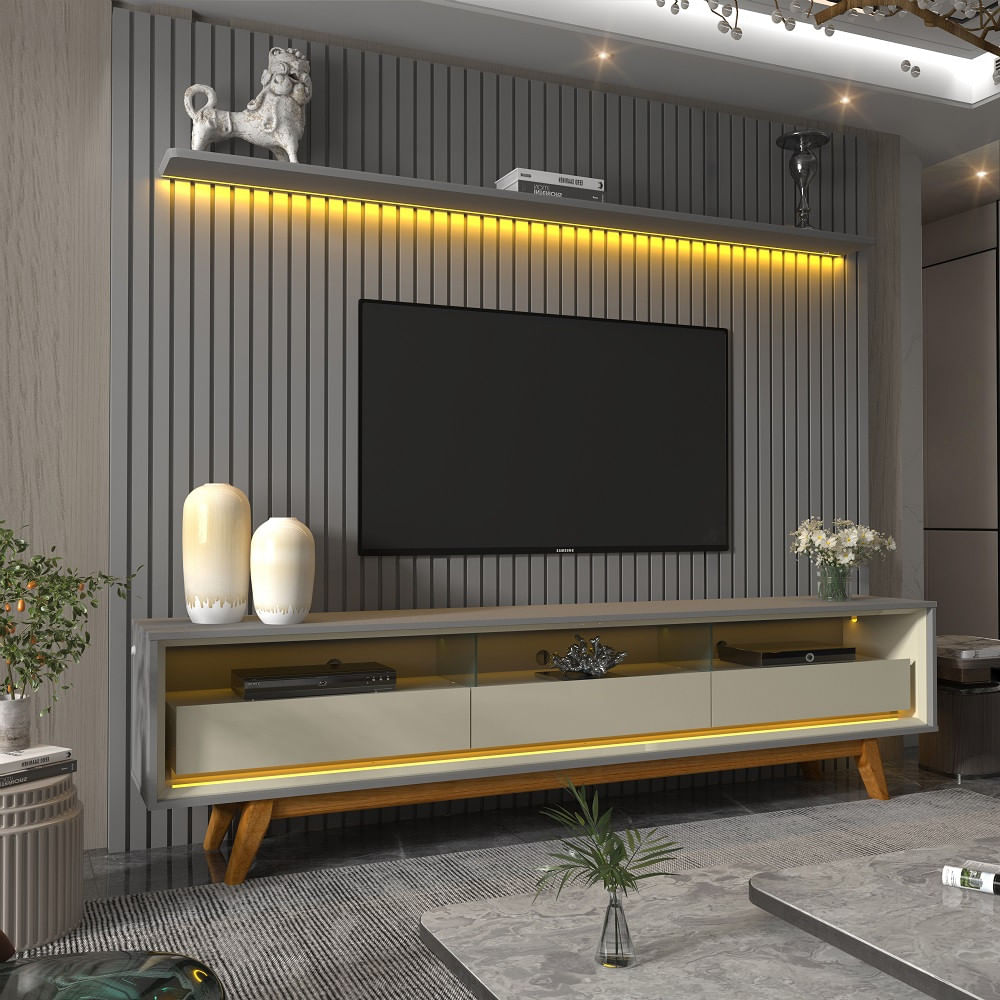Rack Com Painel Para Tv De Até 85 Polegadas 2 Gavetas 230cm Pés Nobre Requinte Gelius