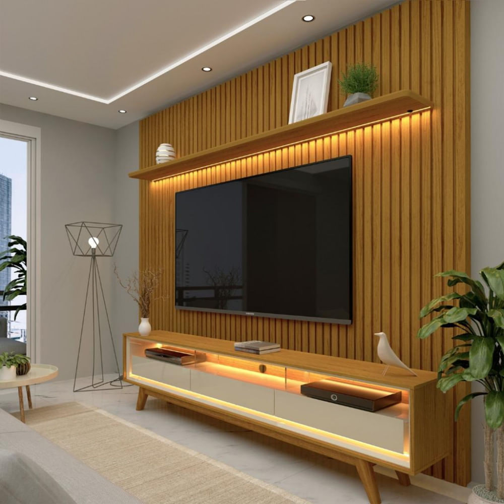 Rack Com Painel Ripado Para Tv Até 85 Polegadas Com Led E Vidro 3 Gavetas Com Pés De Madeira Nobre Requinte Gelius