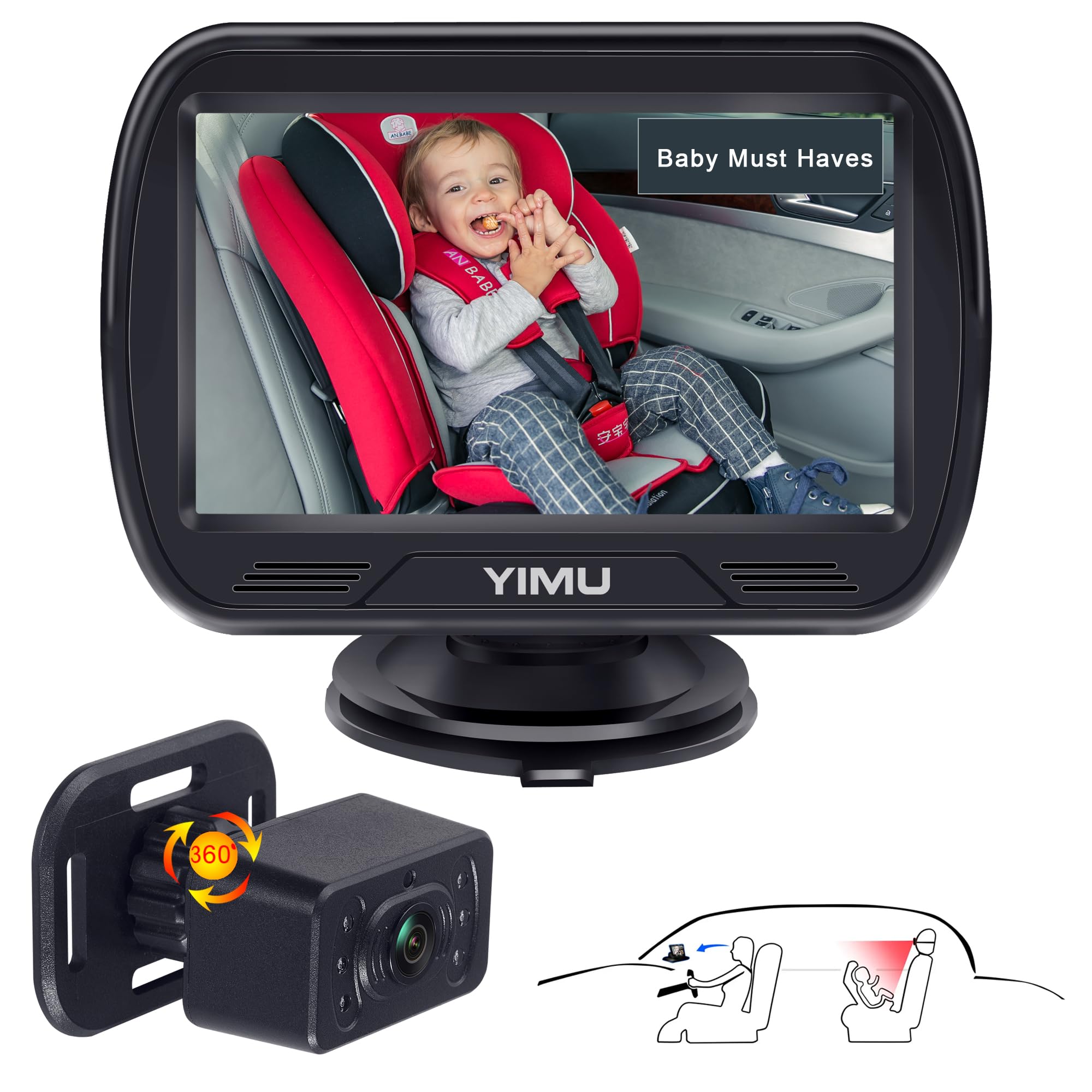 Car Baby Camera Yimu 720p Banco Traseiro Com Visão Noturna De 360°