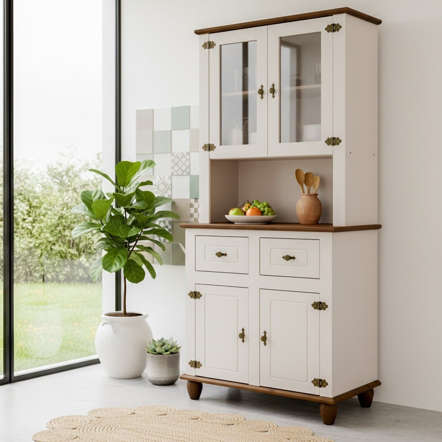 Kit Cozinha 4 Portas 2 Gavetas Tampo Base E Pés Em Madeira Maciça Joy Off White