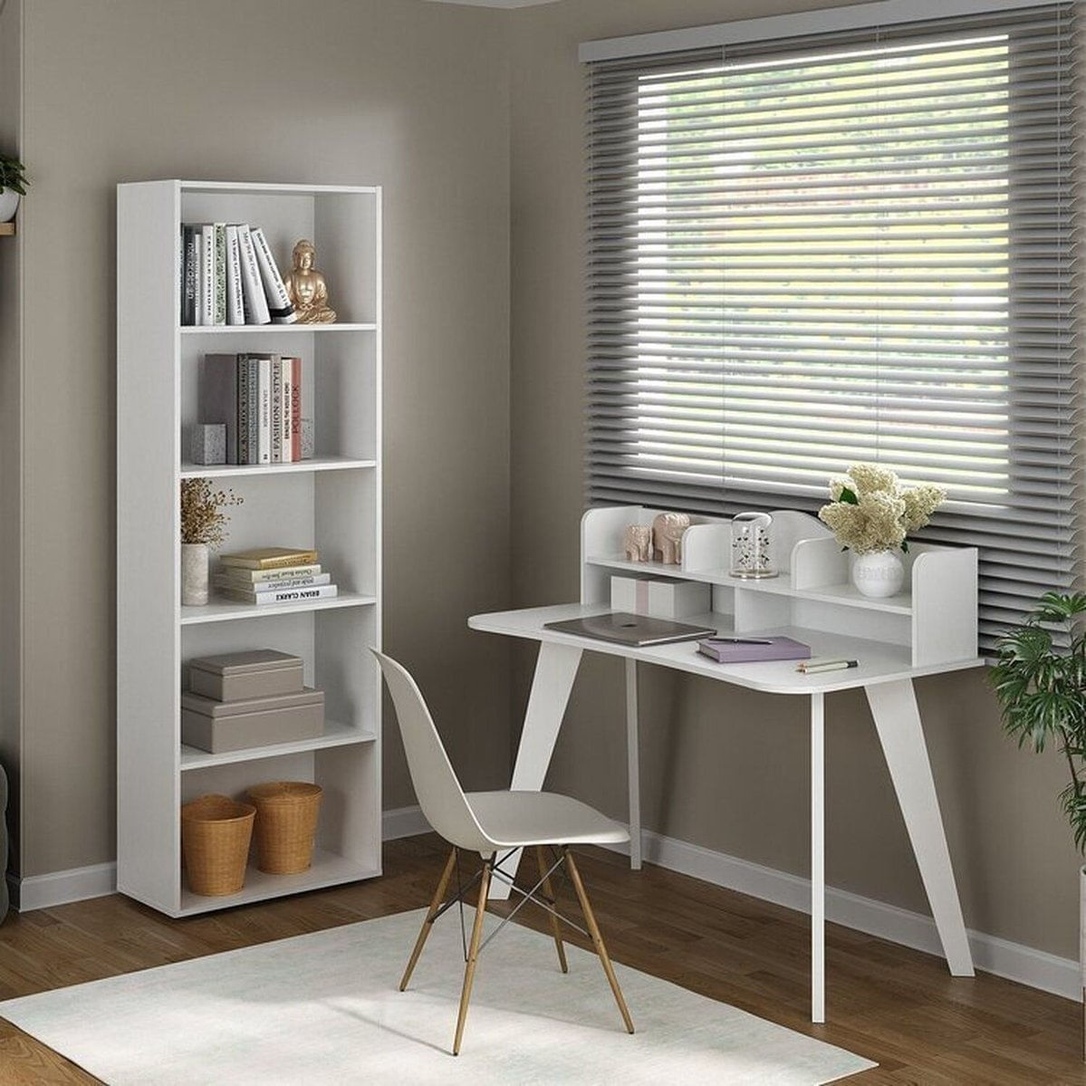 Conjunto Escrivaninha Sofia E Estante Com Diversos Nicho Multy Branco
