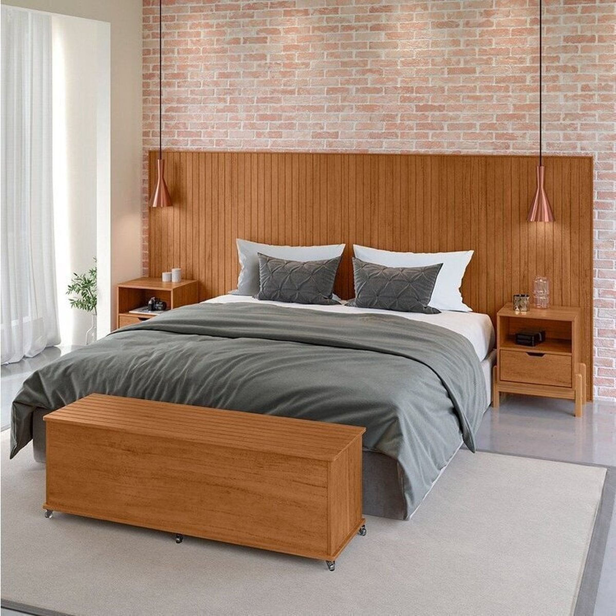 Conjunto Cabeceira Queen/casal - Baú + Mesa De Cabeceira Cedro