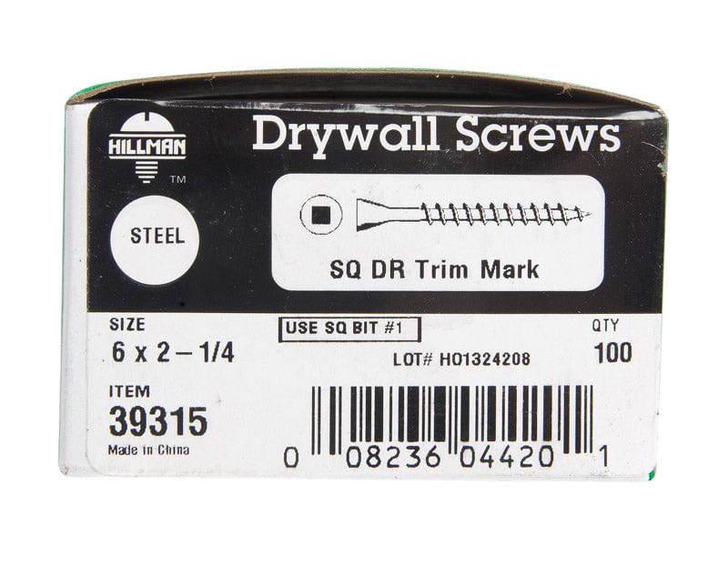 Parafusos Para Drywall Hillman No. 6 Square Fine 2,25 Polegadas, Pacote Com 100