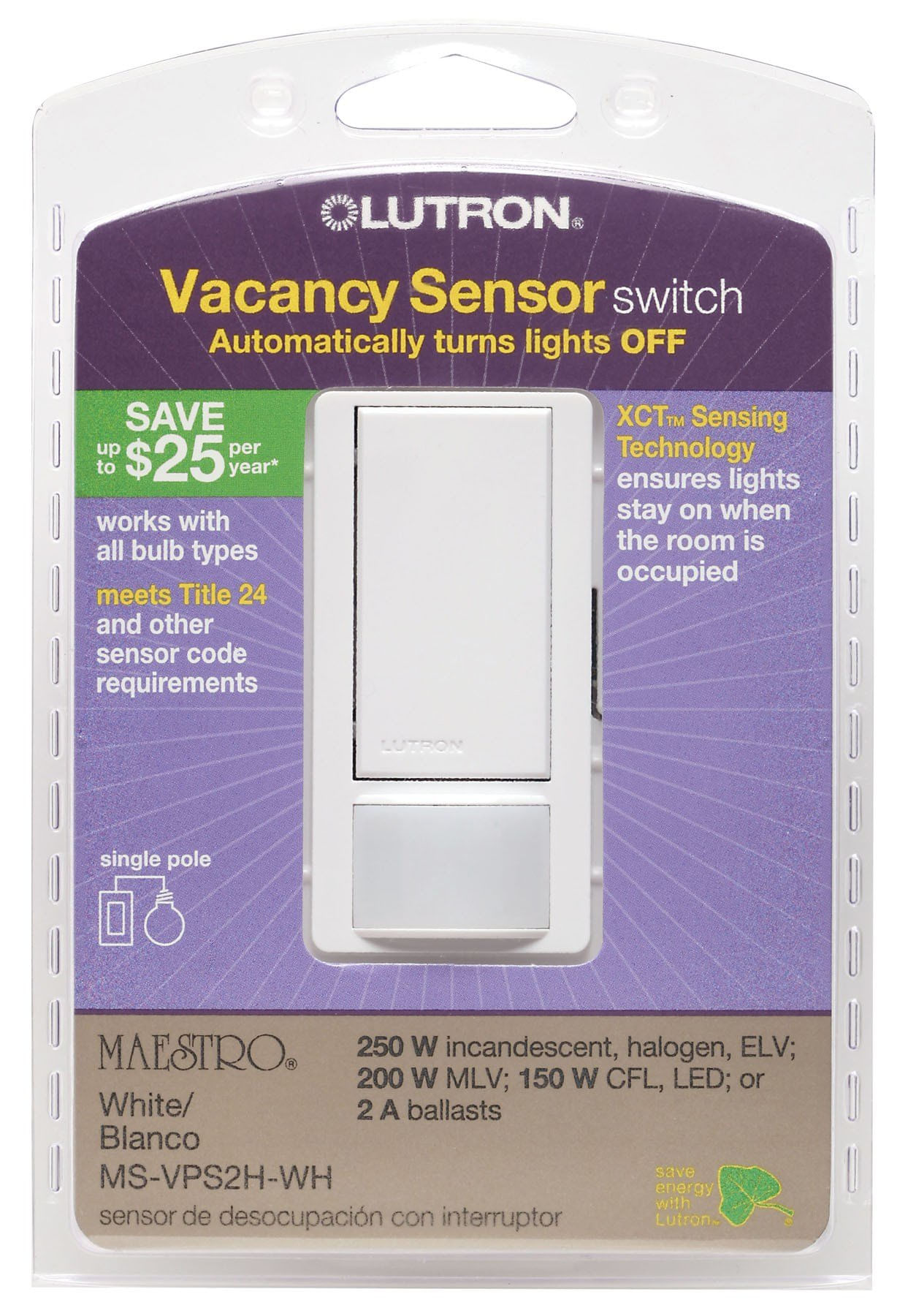 Switch Lutron Ms-vps2h-wh Com Sensor De Pólo Único Branco