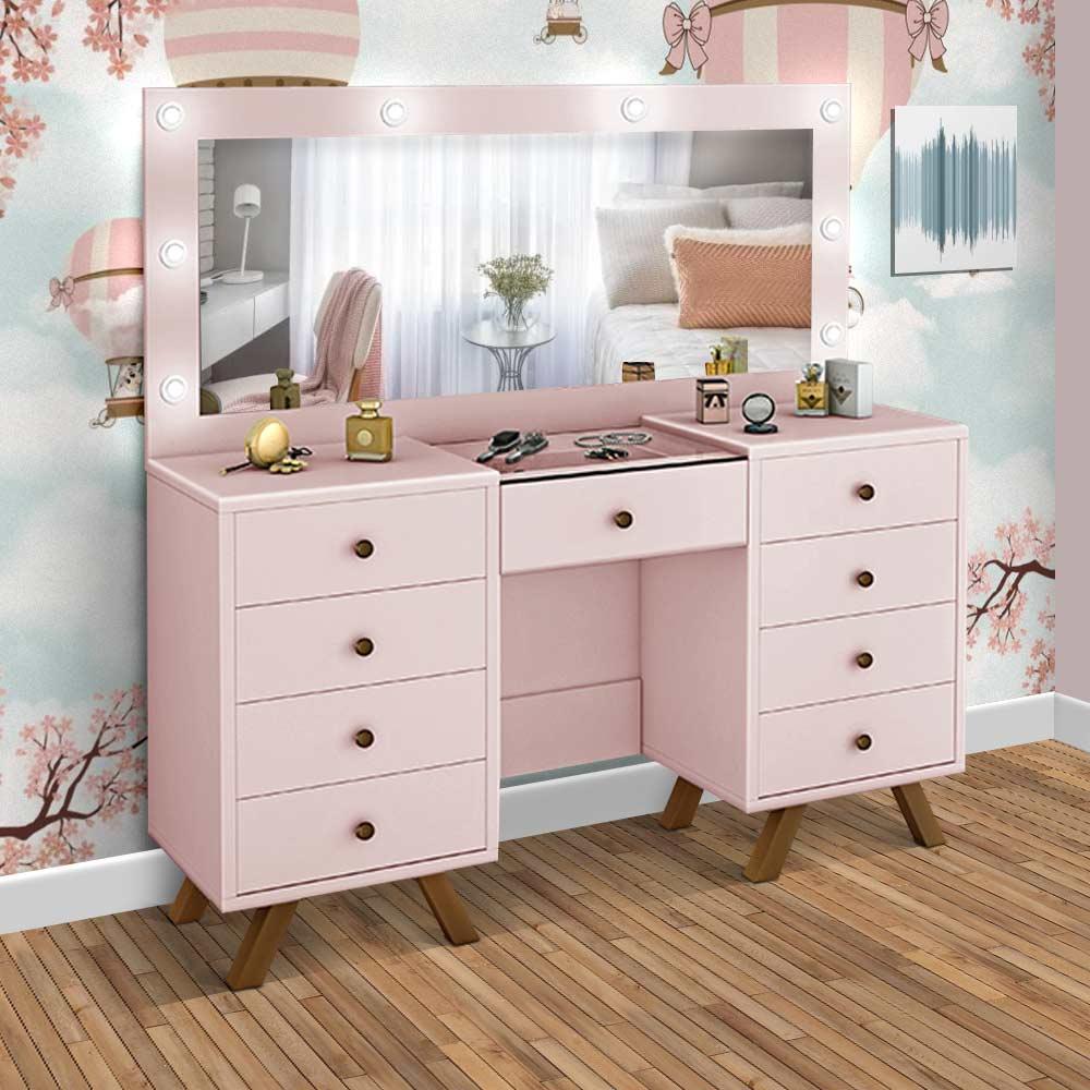 Penteadeira Com Led Camarim Rose, Light Pink Dresser With Mirror