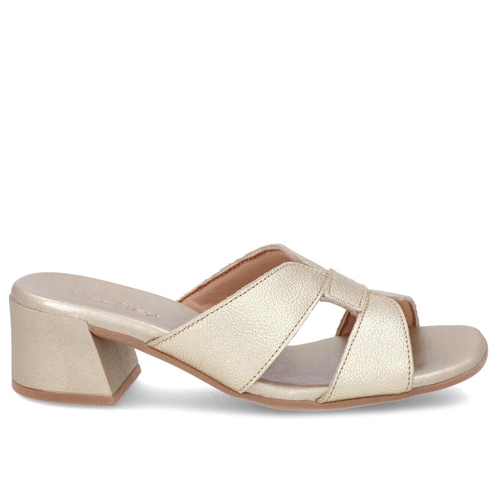 Tamanco Usaflex Salto Bloco Couro Ref Al20007 Dourado 035