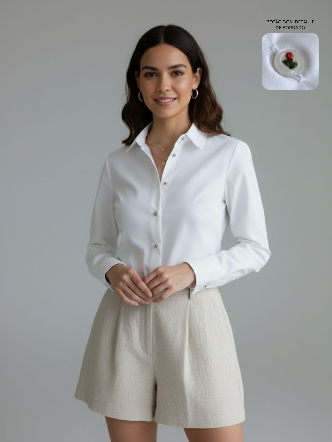 Camisa Social Feminina Com Bordado No Botão Premium | Blusa De Luxo Manga Longa Elegante Com Flor Bordada