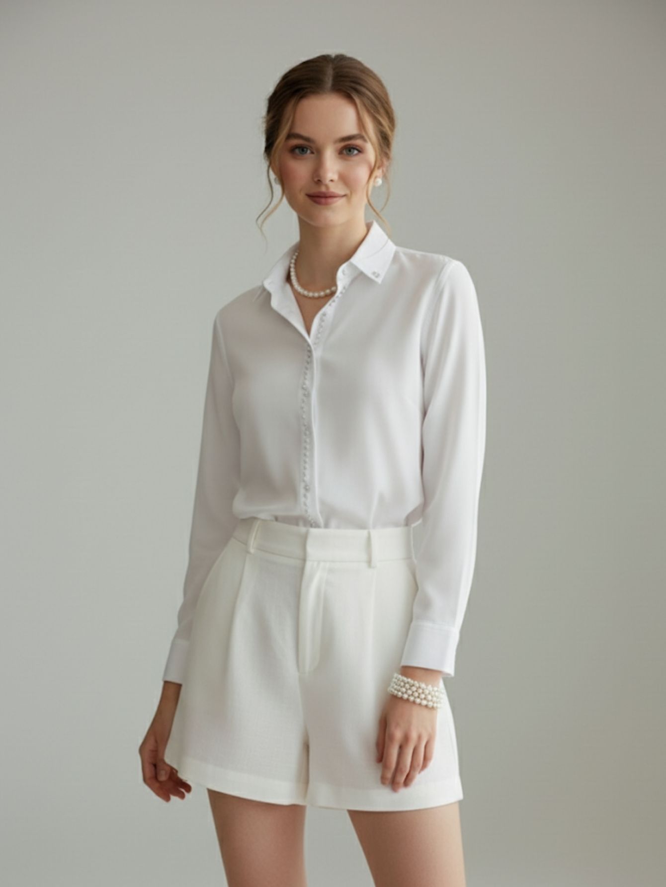 Camisa Social Feminina Com Linha De Pérolas Premium | Blusa De Luxo Manga Longa Elegante Com Aplicações De Pérolas Peito