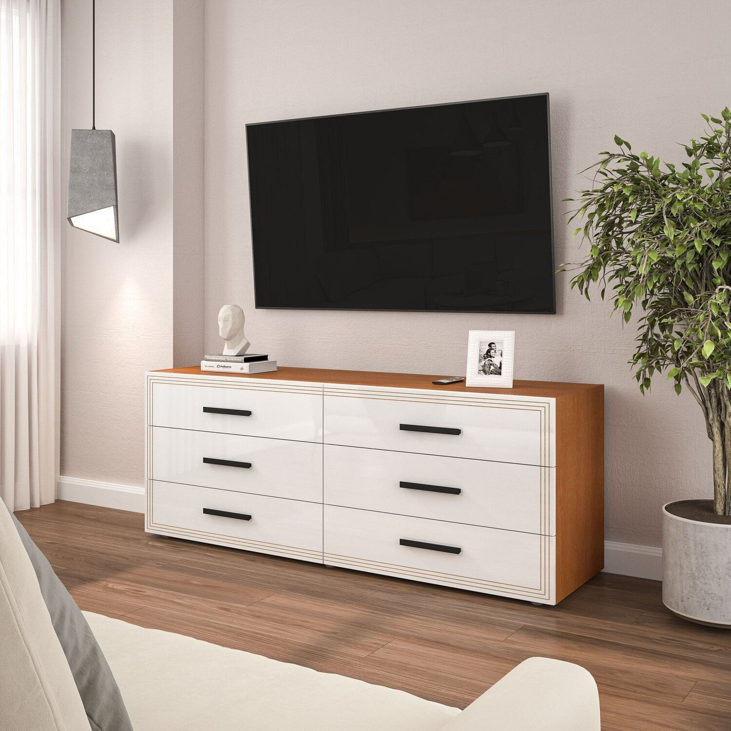 Rack Comoda Para Tv 65 Polegadas Com 6 Gavetas Valência Branco/freijó