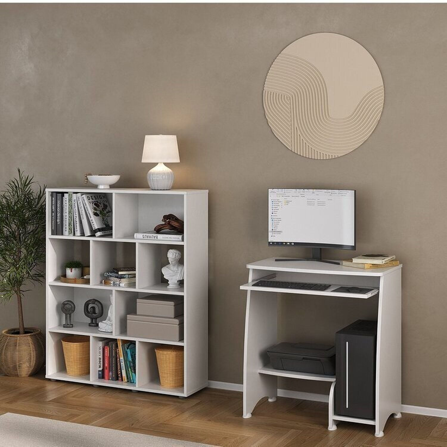 Conjunto Escrivaninha Pixel E Estante Book Com Diversos Nichos Branco