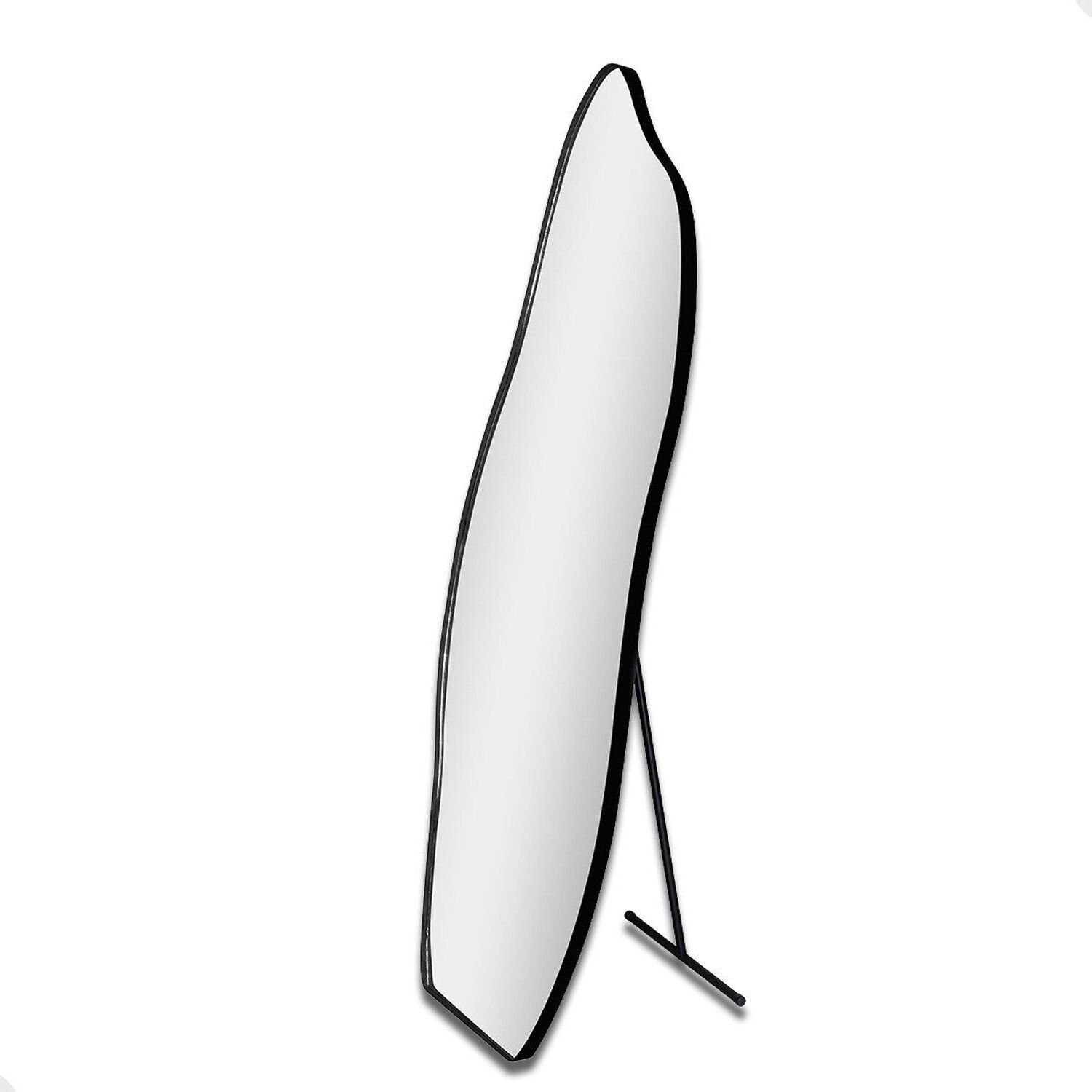 Espelho De Chão Flame Grande 150x50cm Com Formato Orgânico E Acabamento Sofisticado Em Couro Preto