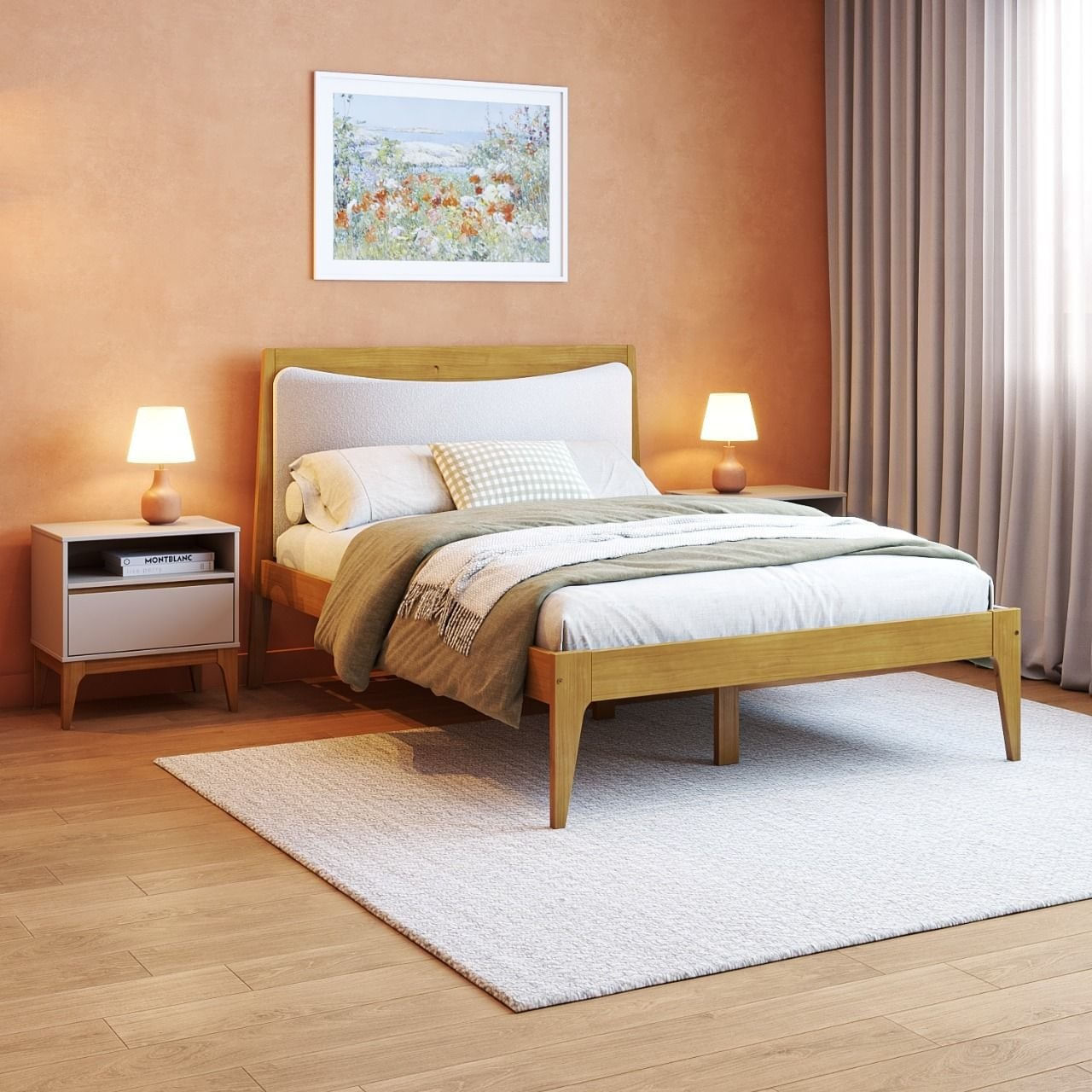 Cama De Casal Madeira Maciça Cabeceira Estofada Bento Yescasa Amêndoa