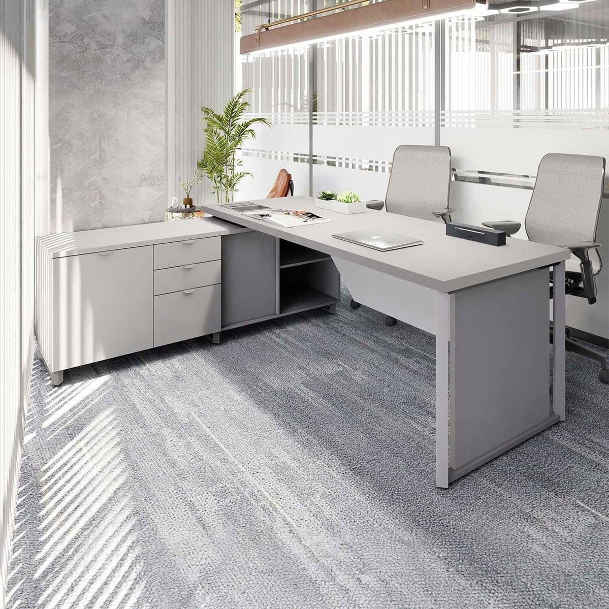 Mesa Executiva 180cm Com Armário Lateral E Caixa De Tomadas Corporate Cinza