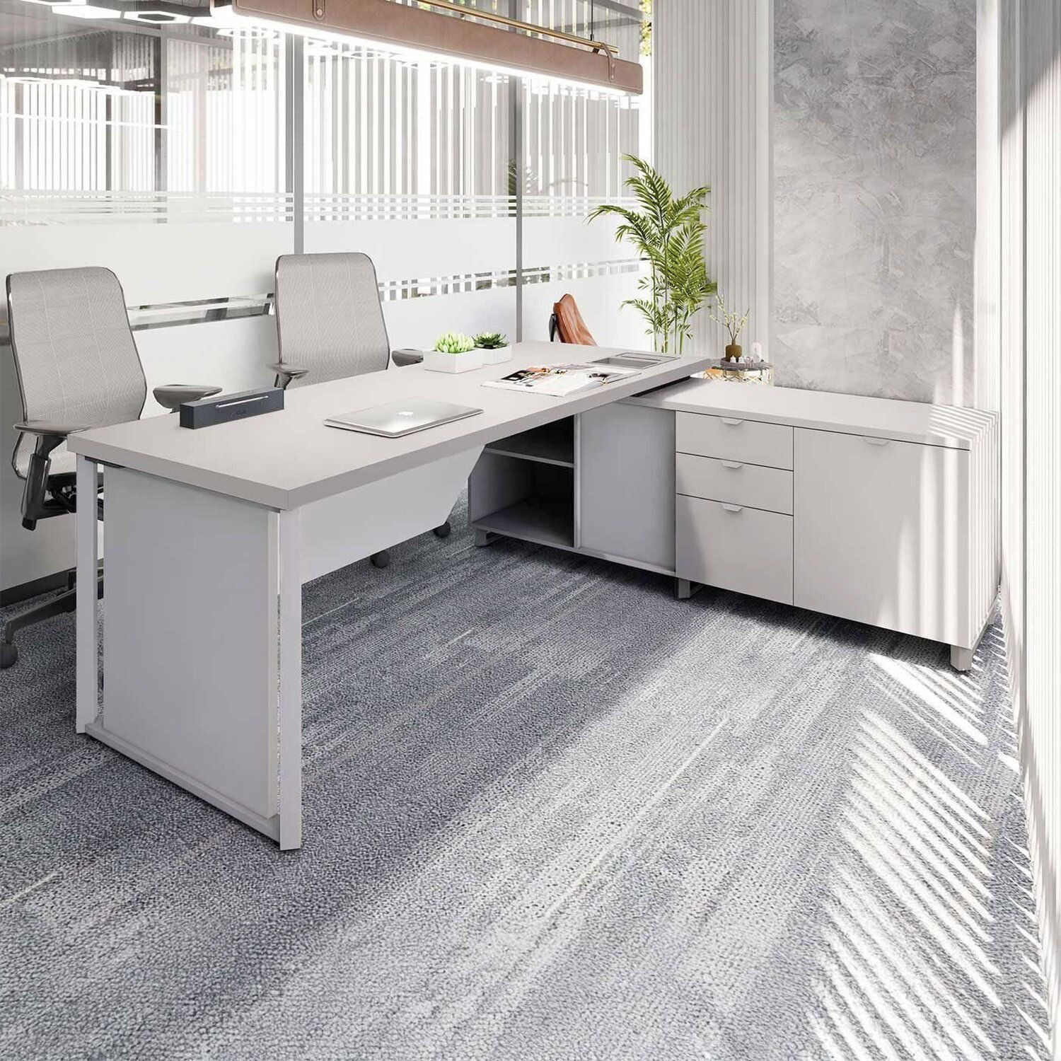 Escrivaninha Mesa Escritório Diretor Em L 180cm Com Armário Lateral E Caixa De Tomadas Corporate Cinza