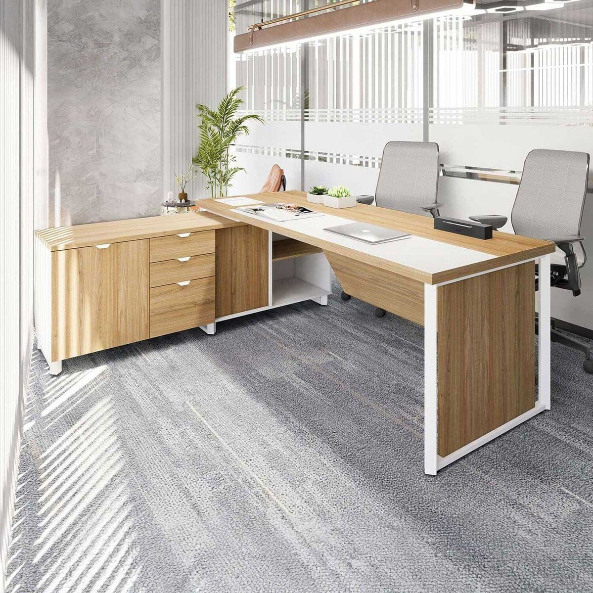 Mesa Executiva 180cm Com Armário Lateral E Caixa De Tomadas Corporate Macadâmia / Branco