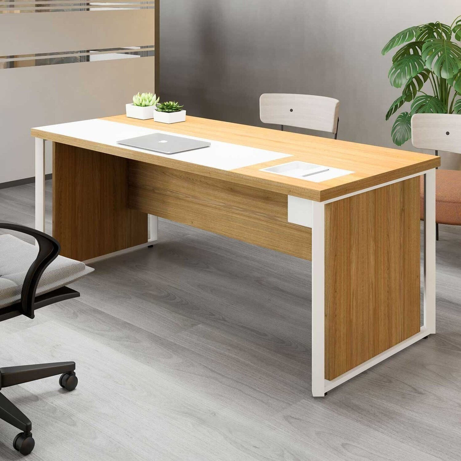 Mesa Diretor Com Caixa De Tomadas E Porta Objetos Para Escritório 180cm Corporate Macadâmia E Branco Macadâmia/branco