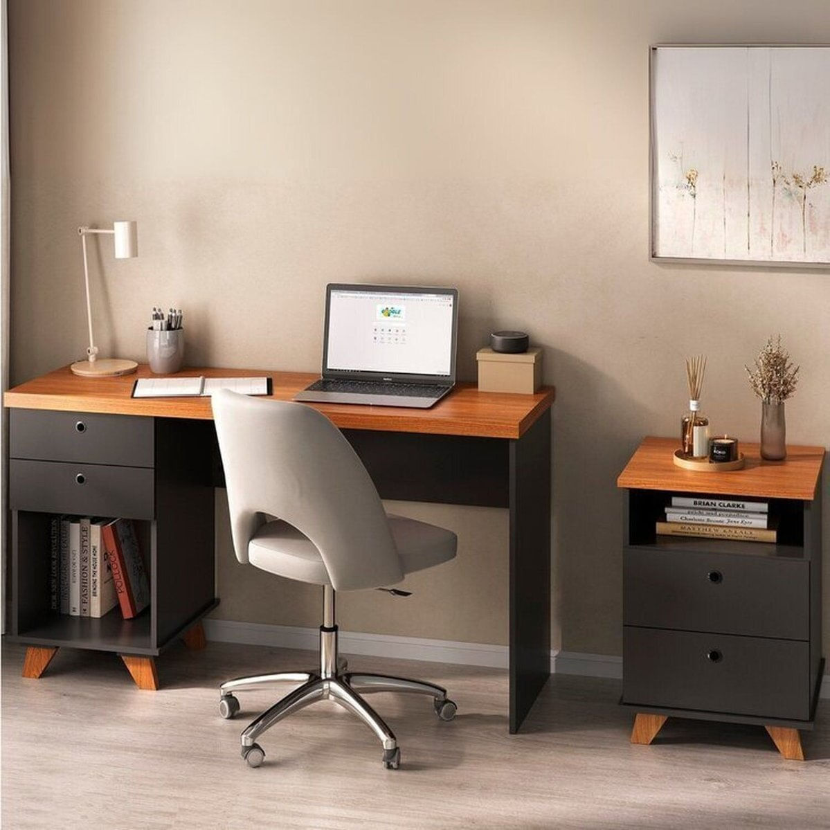 Kit Home Office 2 Peças Escrivaninha Sky E Gaveteiro Day Com Gavetas Freijó/preto