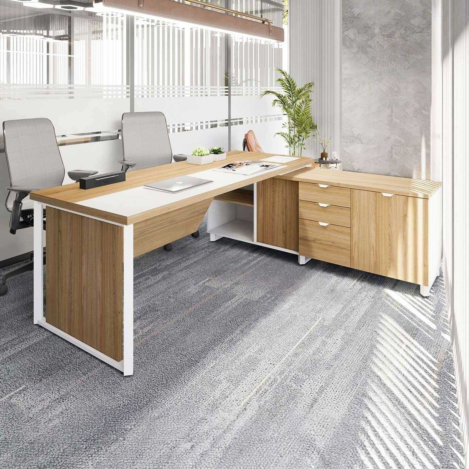 Escrivaninha Mesa Escritório Diretor Em L 180cm Com Armário Lateral E Caixa De Tomadas Corporate Macadâmia / Branco