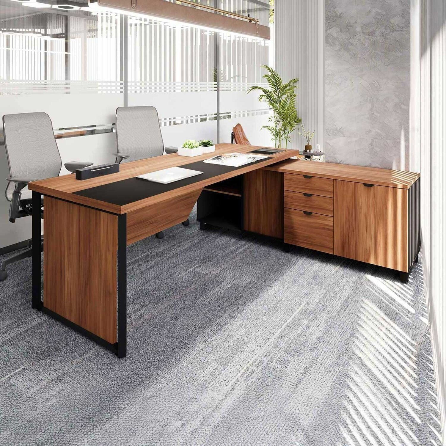 Escrivaninha Mesa Escritório Diretor Em L 180cm Com Armário Lateral E Caixa De Tomadas Corporate Nogal / Preto