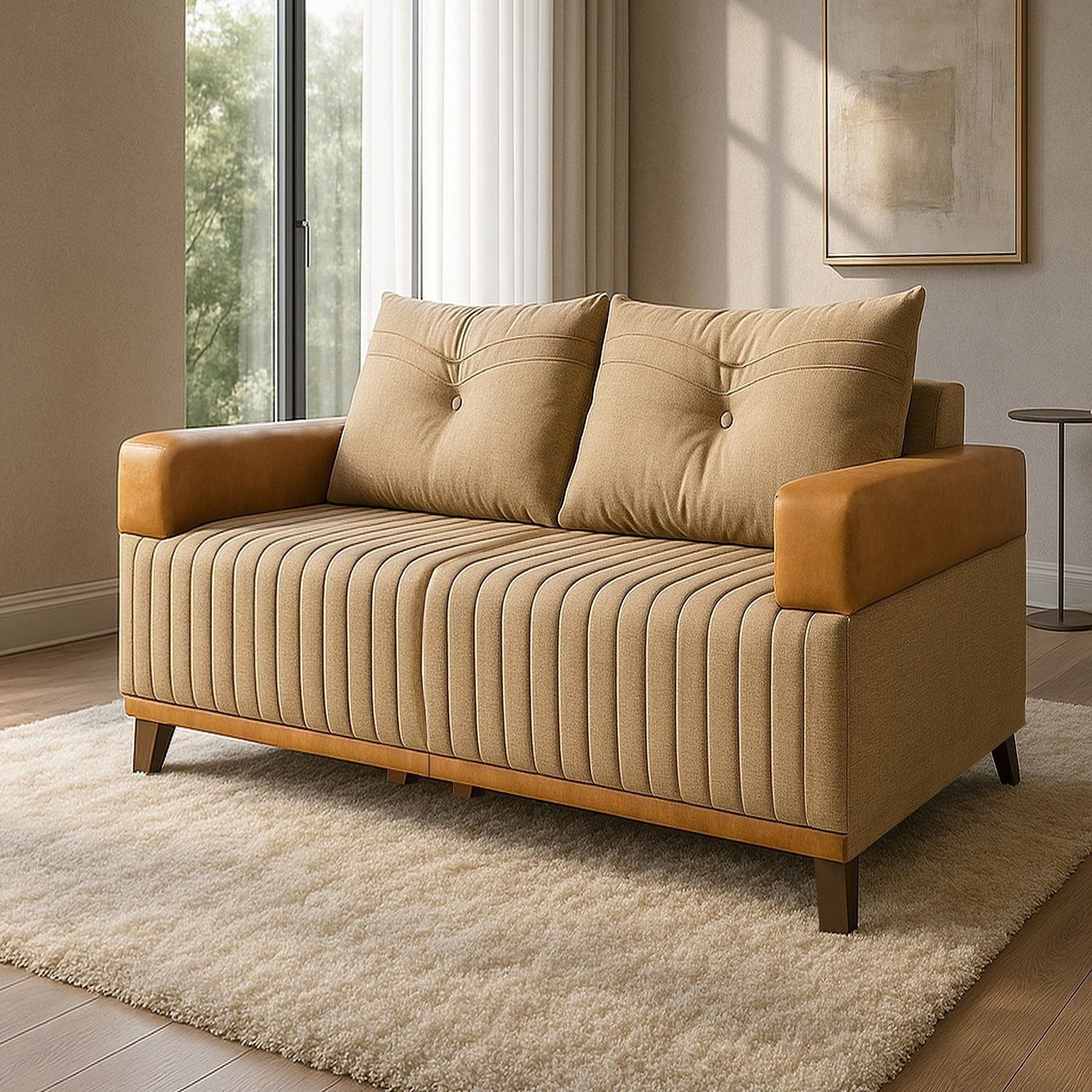 Sofá 2 Lugares 140cm Linho Aveludado Sienna Bege/caramelo