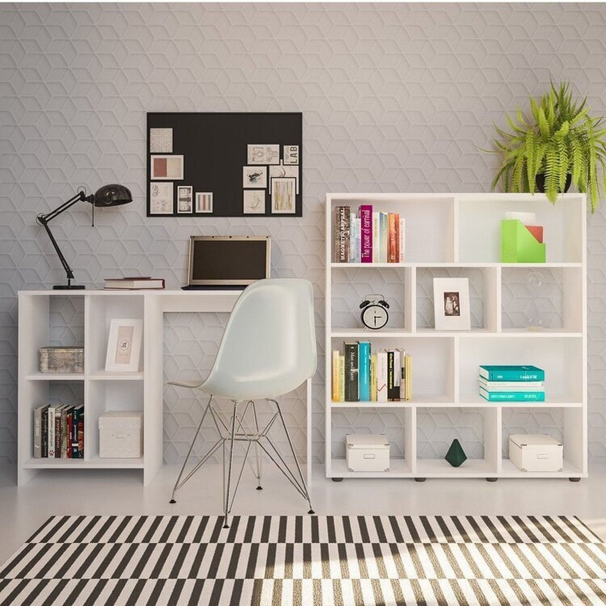 Conjunto Escrivaninha Matrix E Estante Book Com Diversos Nichos Branco