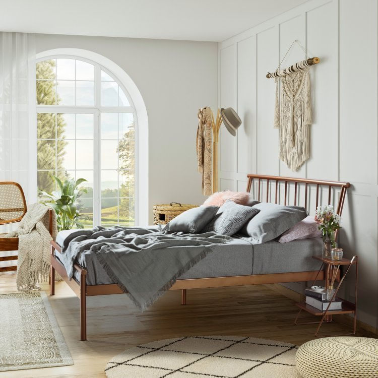 Conjunto Cama Queen e 1 Mesa de Cabeceira em Aço Begônia CabeCasa MadeiraMadeira Cobre